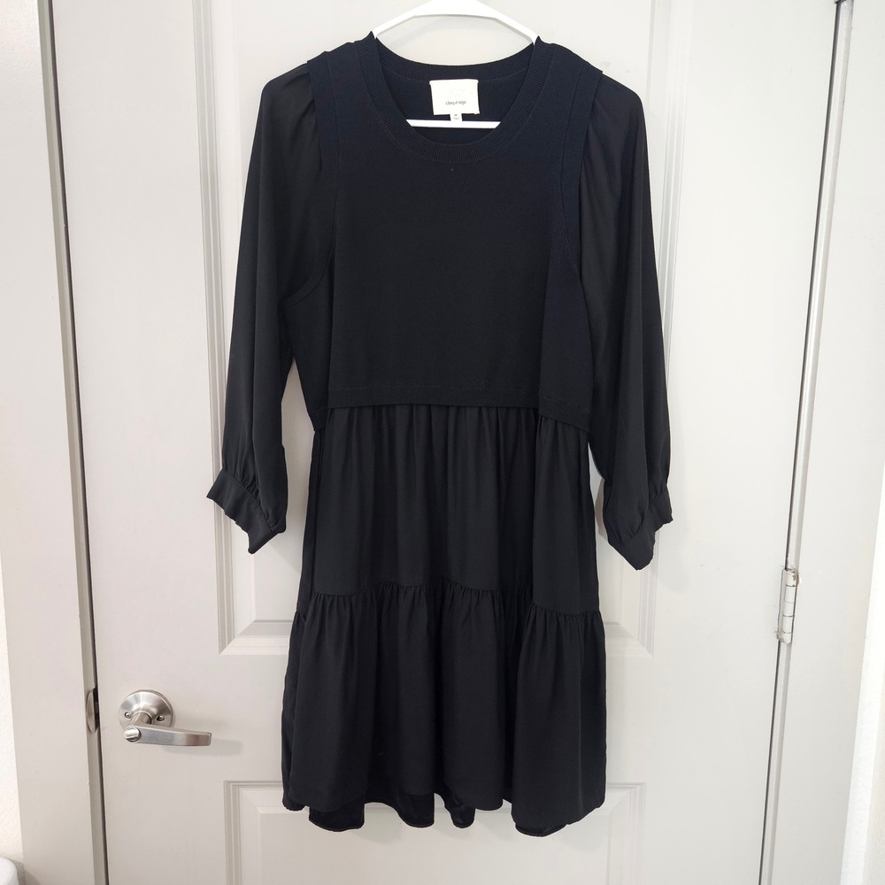 Cinq a Sept Black Mixed Media Silk Tiered Mini Dress Size M